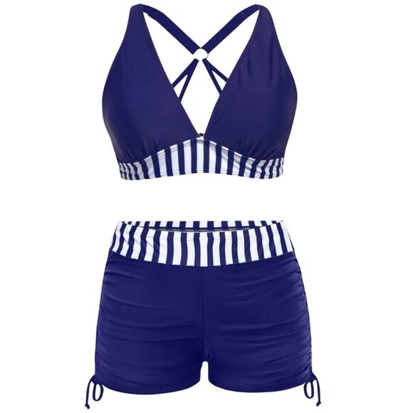 Yonique Women 2 Piece Swimsuit Large Blue White Striped O-Ring Tankini Boy Short - Picture 3 of 6